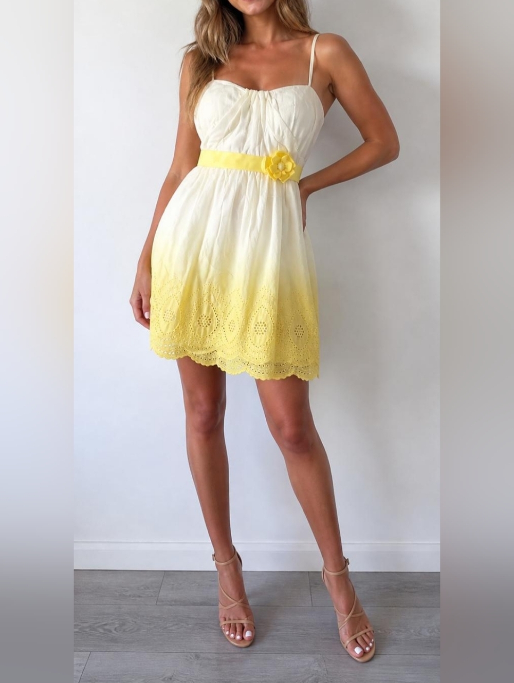 City Triangles White to Yellow Ombre Eyelet Sun Dress